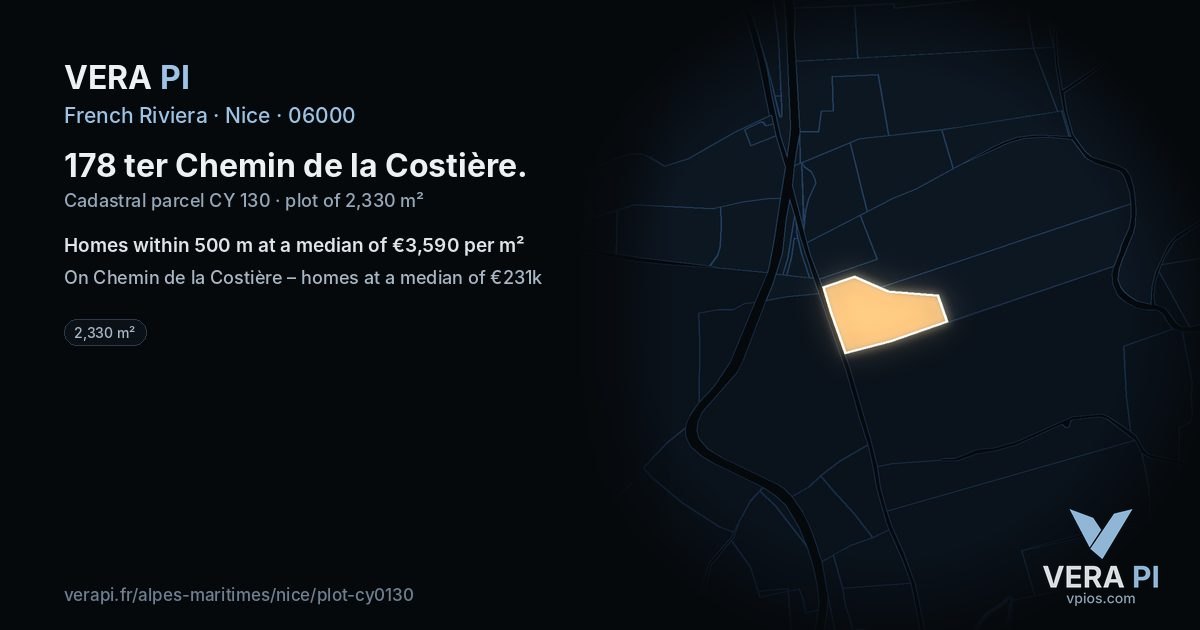 178 ter Chemin de la Costière, Nice at night – the plot lit, the parcels around coloured by the prices near them