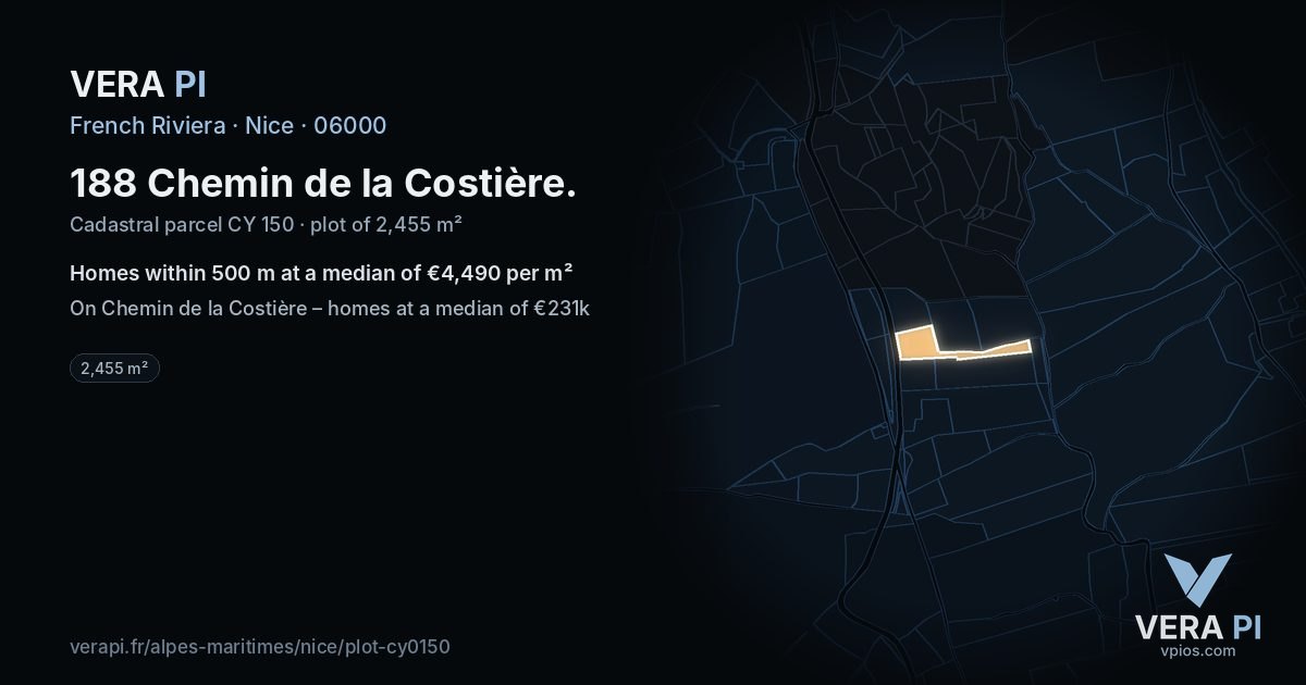 188 Chemin de la Costière, Nice at night – the plot lit, the parcels around coloured by the prices near them