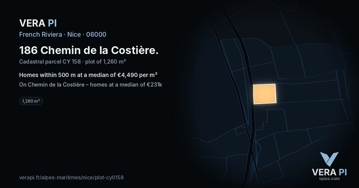 186 Chemin de la Costière, Nice at night – the plot lit, the parcels around coloured by the prices near them