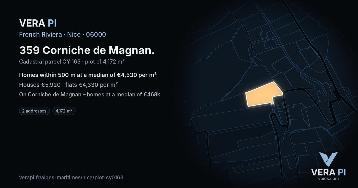 359 Corniche de Magnan, Nice at night – the plot lit, the parcels around coloured by the prices near them