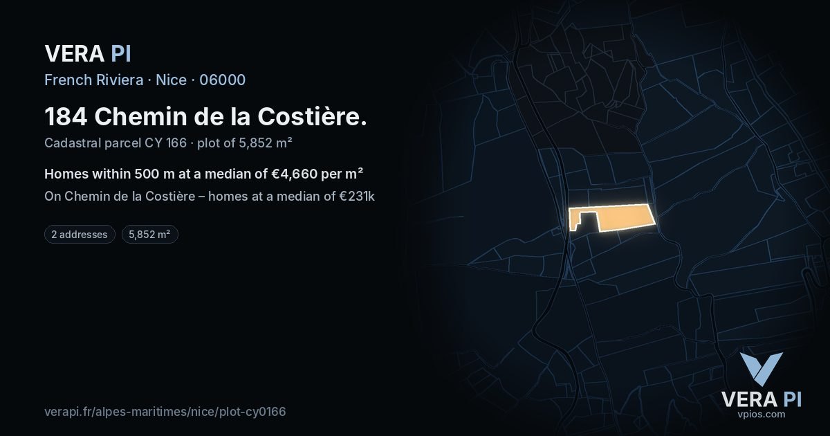 184 Chemin de la Costière, Nice at night – the plot lit, the parcels around coloured by the prices near them