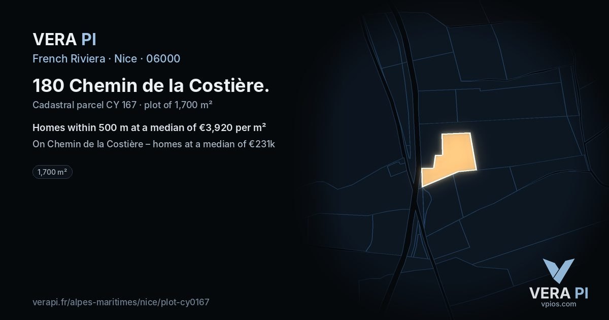 180 Chemin de la Costière, Nice at night – the plot lit, the parcels around coloured by the prices near them