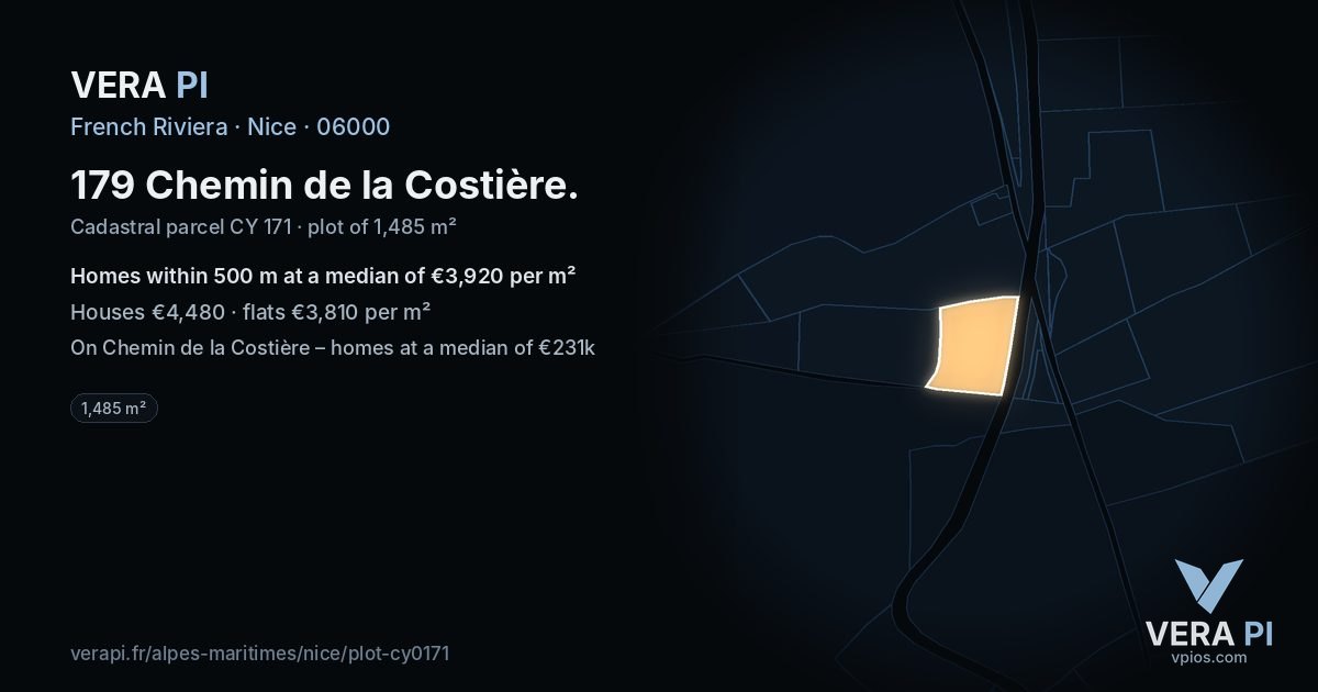 179 Chemin de la Costière, Nice at night – the plot lit, the parcels around coloured by the prices near them