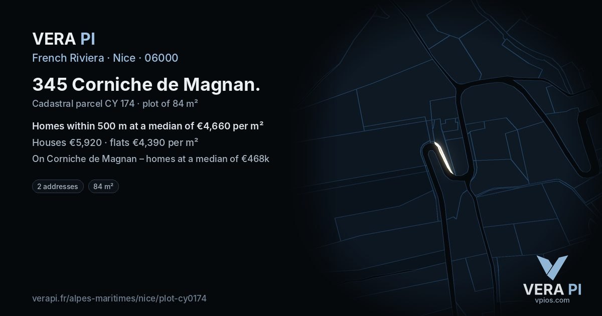 345 Corniche de Magnan, Nice at night – the plot lit, the parcels around coloured by the prices near them