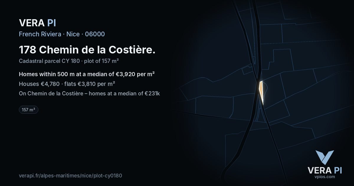178 Chemin de la Costière, Nice at night – the plot lit, the parcels around coloured by the prices near them