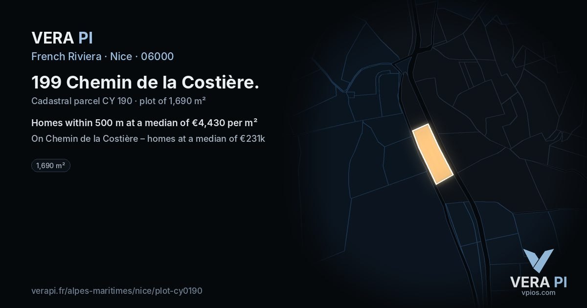 199 Chemin de la Costière, Nice at night – the plot lit, the parcels around coloured by the prices near them