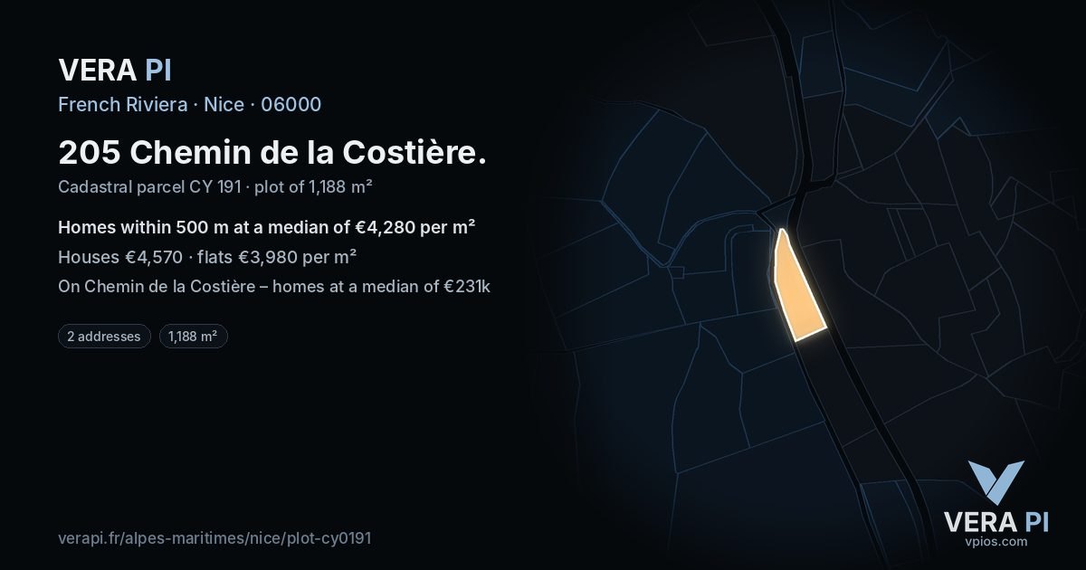 205 Chemin de la Costière, Nice at night – the plot lit, the parcels around coloured by the prices near them