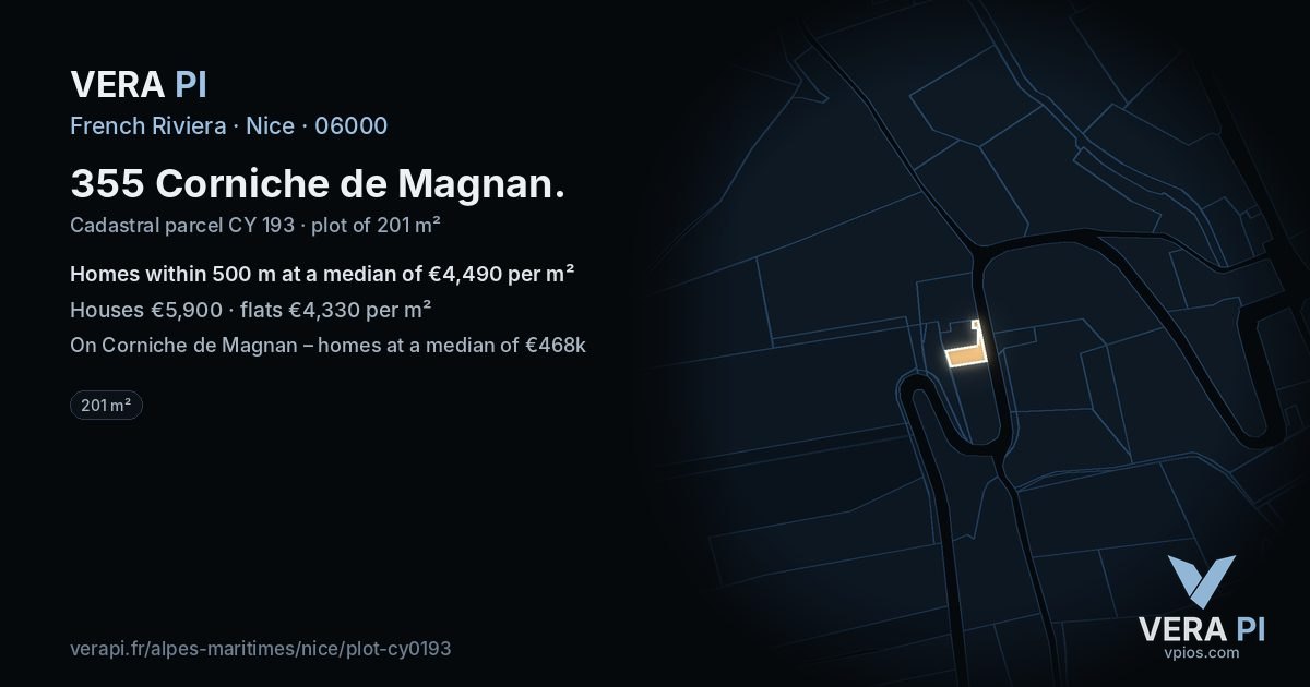 355 Corniche de Magnan, Nice at night – the plot lit, the parcels around coloured by the prices near them