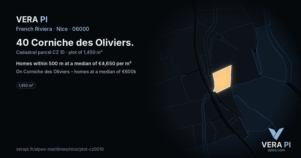 40 Corniche des Oliviers, Nice at night – the plot lit, the parcels around coloured by the prices near them
