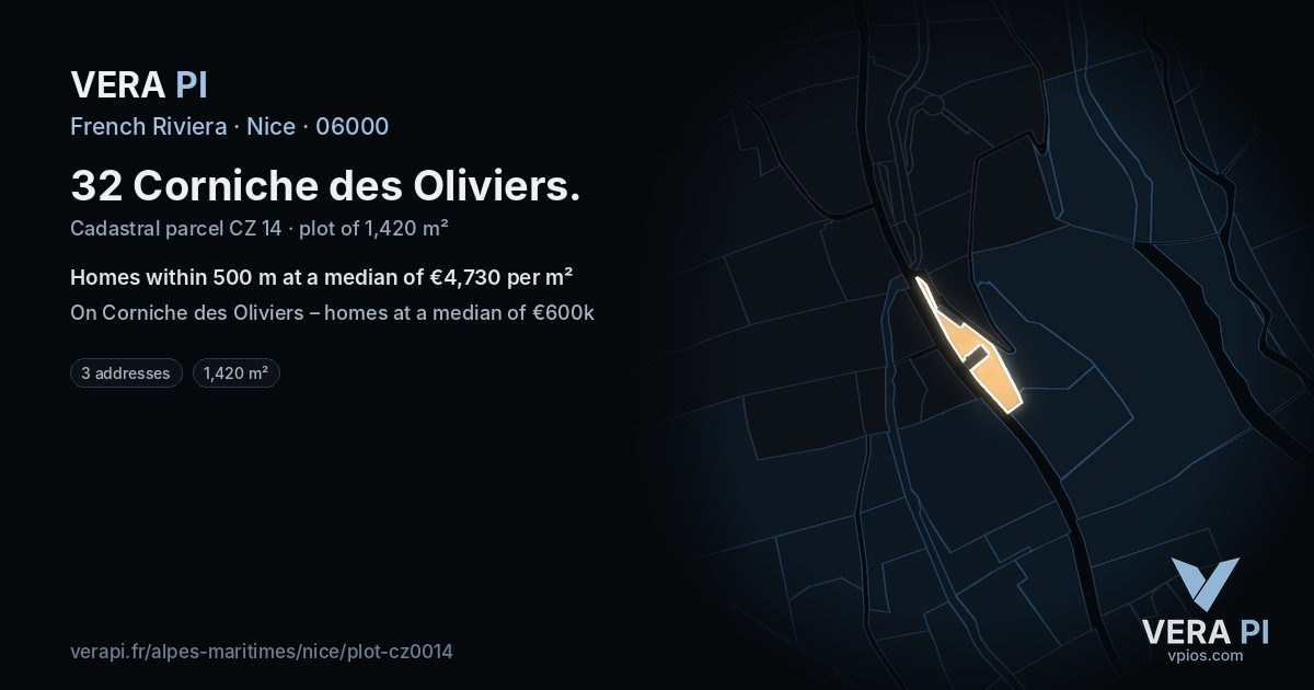 32 Corniche des Oliviers, Nice at night – the plot lit, the parcels around coloured by the prices near them