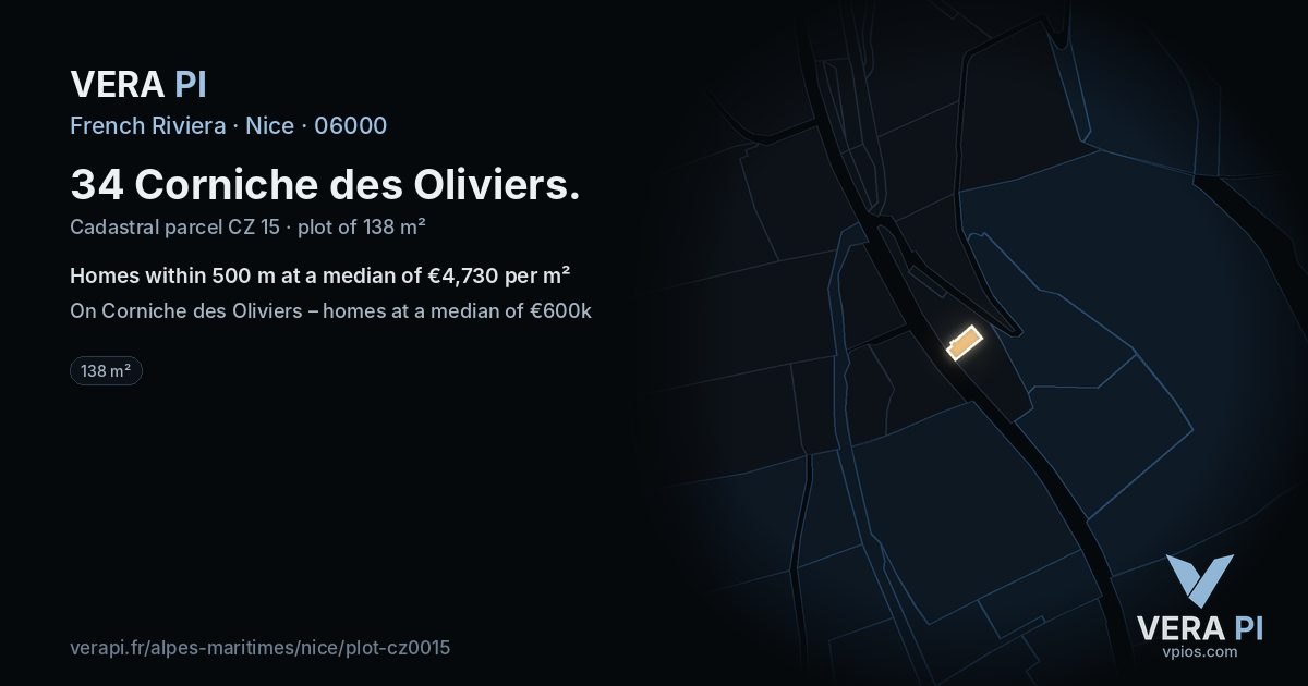 34 Corniche des Oliviers, Nice at night – the plot lit, the parcels around coloured by the prices near them