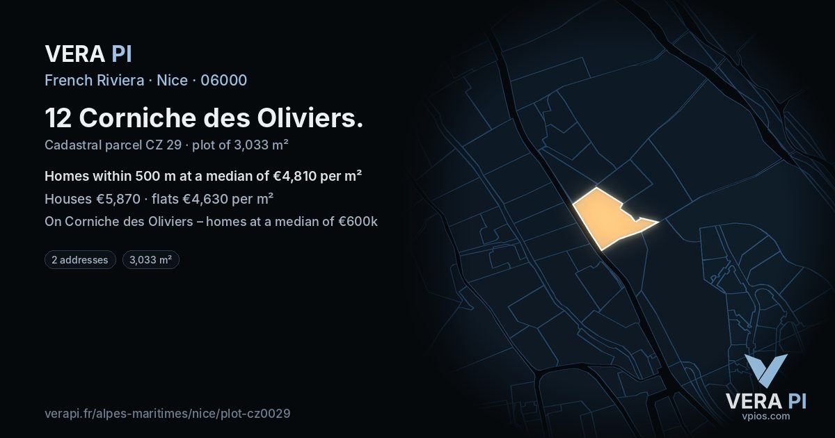 12 Corniche des Oliviers, Nice at night – the plot lit, the parcels around coloured by the prices near them
