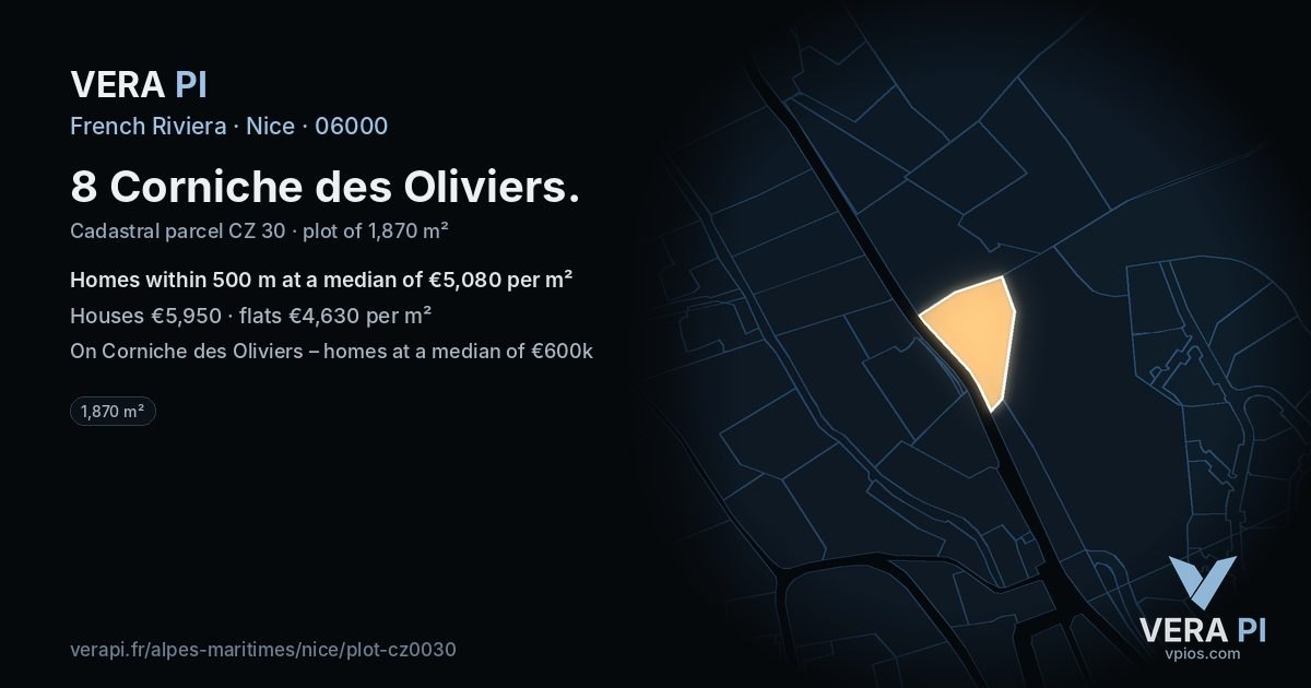 8 Corniche des Oliviers, Nice at night – the plot lit, the parcels around coloured by the prices near them