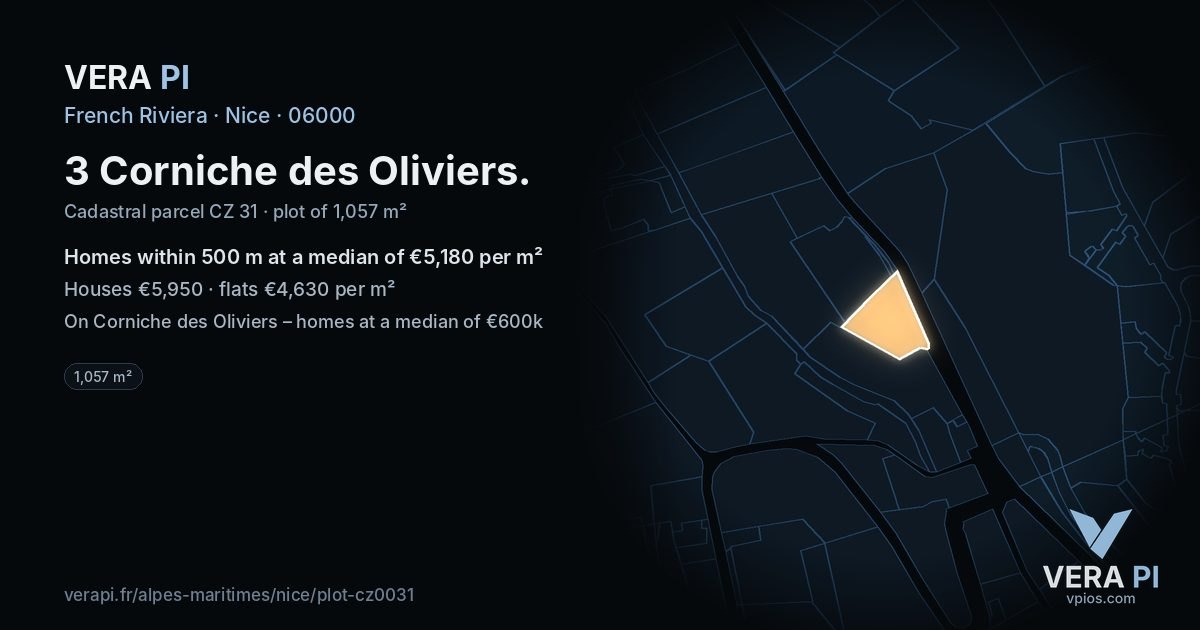 3 Corniche des Oliviers, Nice at night – the plot lit, the parcels around coloured by the prices near them