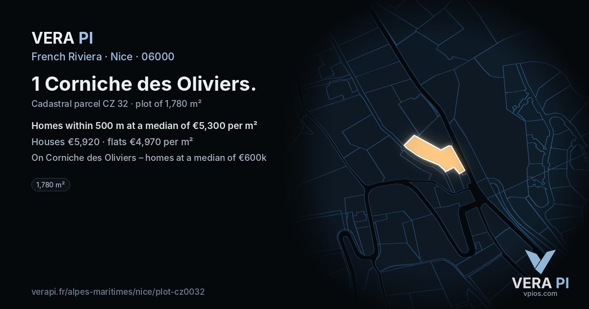 1 Corniche des Oliviers, Nice at night – the plot lit, the parcels around coloured by the prices near them