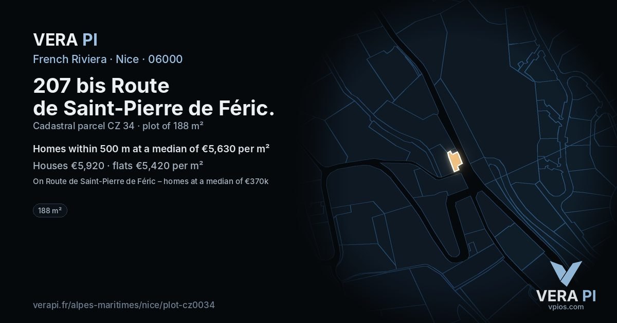 207 bis Route de Saint-Pierre de Féric, Nice at night – the plot lit, the parcels around coloured by the prices near them