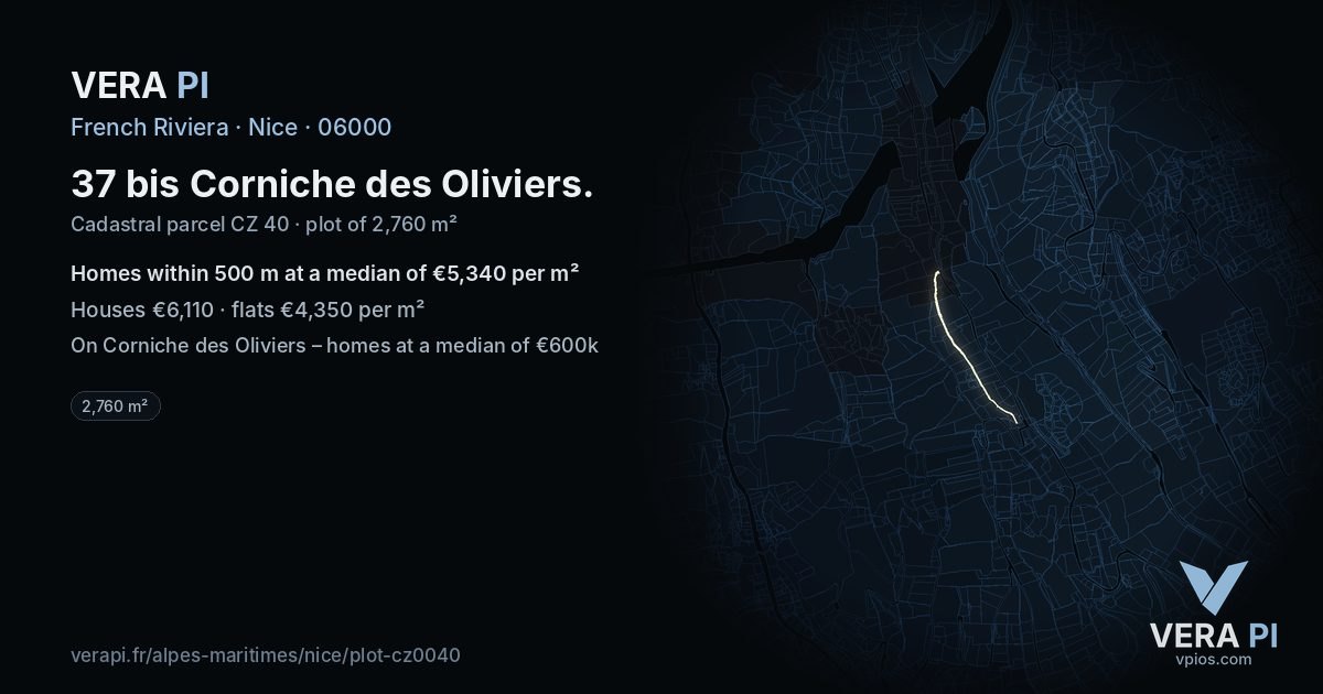 37 bis Corniche des Oliviers, Nice at night – the plot lit, the parcels around coloured by the prices near them