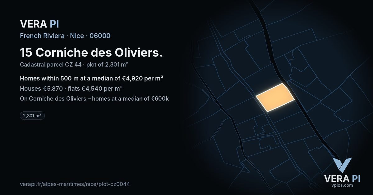 15 Corniche des Oliviers, Nice at night – the plot lit, the parcels around coloured by the prices near them