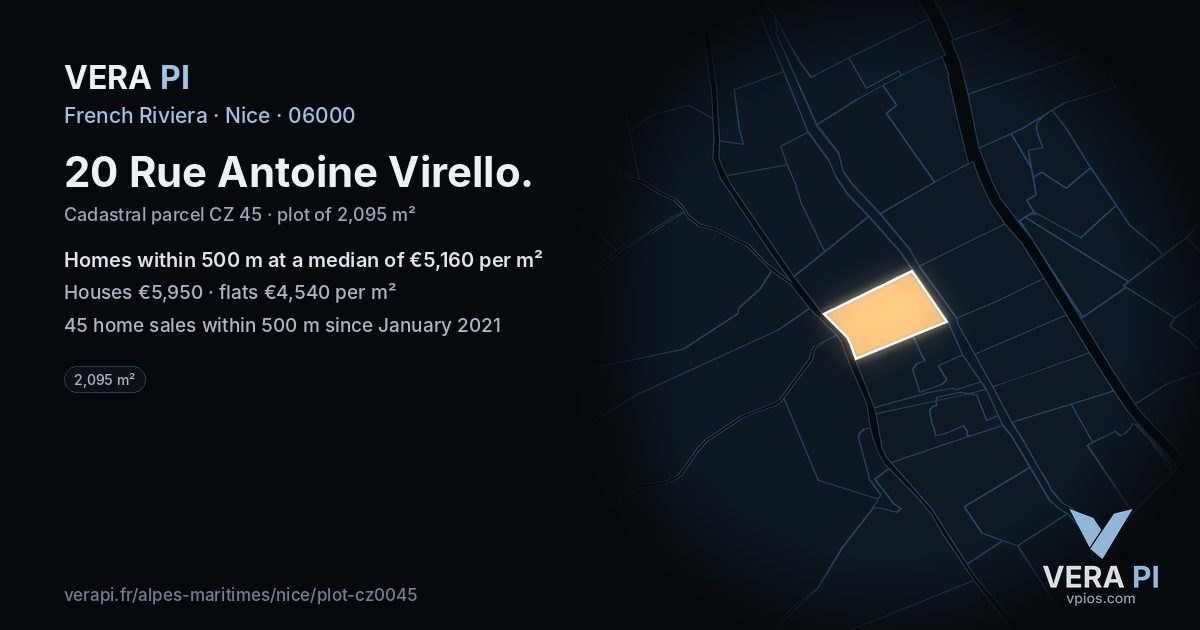 20 Rue Antoine Virello, Nice at night – the plot lit, the parcels around coloured by the prices near them