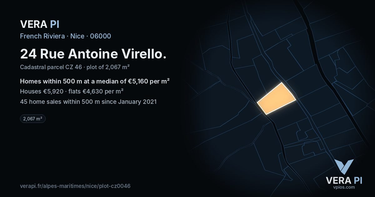 24 Rue Antoine Virello, Nice at night – the plot lit, the parcels around coloured by the prices near them