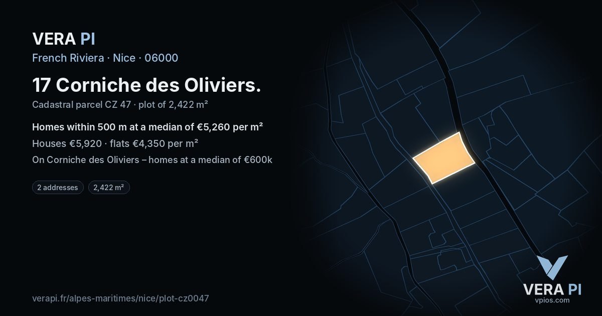 17 Corniche des Oliviers, Nice at night – the plot lit, the parcels around coloured by the prices near them
