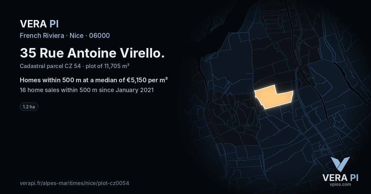 35 Rue Antoine Virello, Nice at night – the plot lit, the parcels around coloured by the prices near them