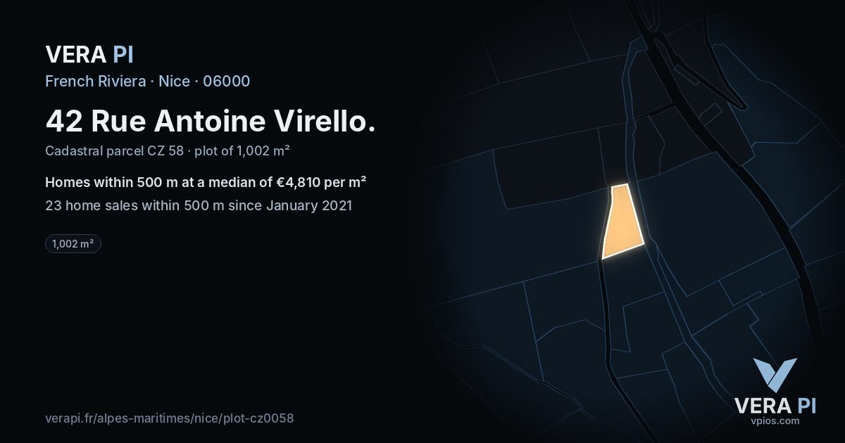 42 Rue Antoine Virello, Nice at night – the plot lit, the parcels around coloured by the prices near them