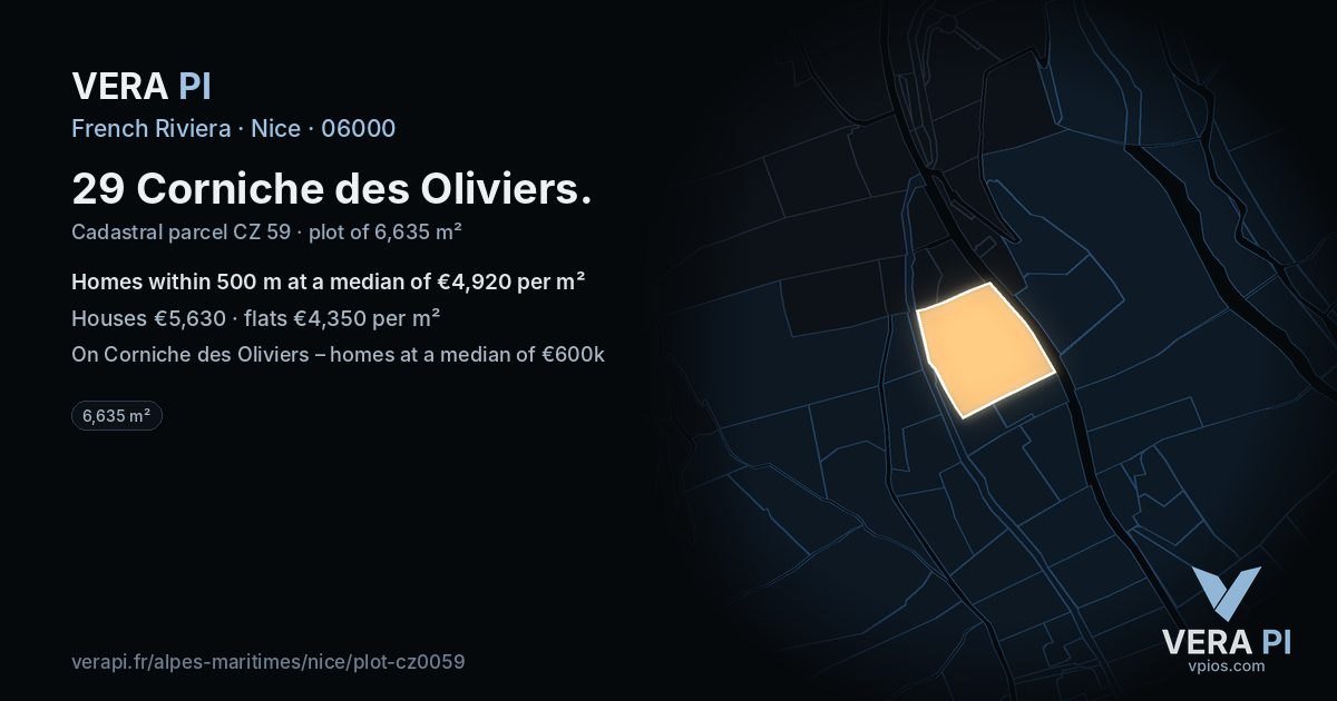 29 Corniche des Oliviers, Nice at night – the plot lit, the parcels around coloured by the prices near them