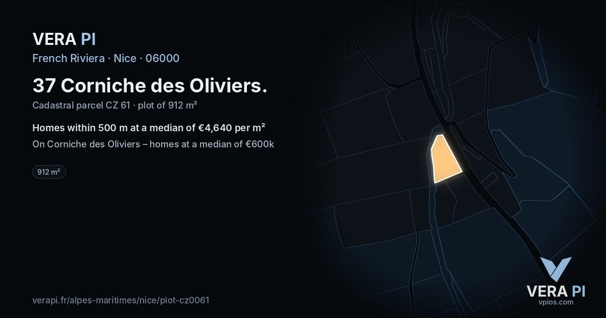 37 Corniche des Oliviers, Nice at night – the plot lit, the parcels around coloured by the prices near them