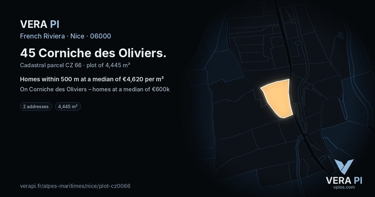 45 Corniche des Oliviers, Nice at night – the plot lit, the parcels around coloured by the prices near them