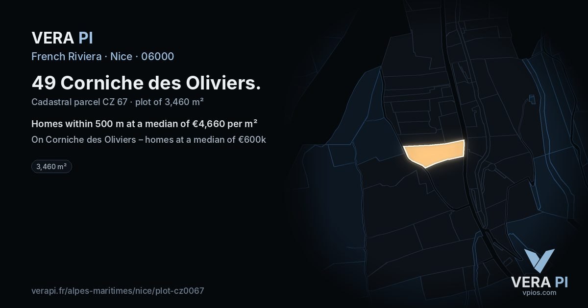 49 Corniche des Oliviers, Nice at night – the plot lit, the parcels around coloured by the prices near them