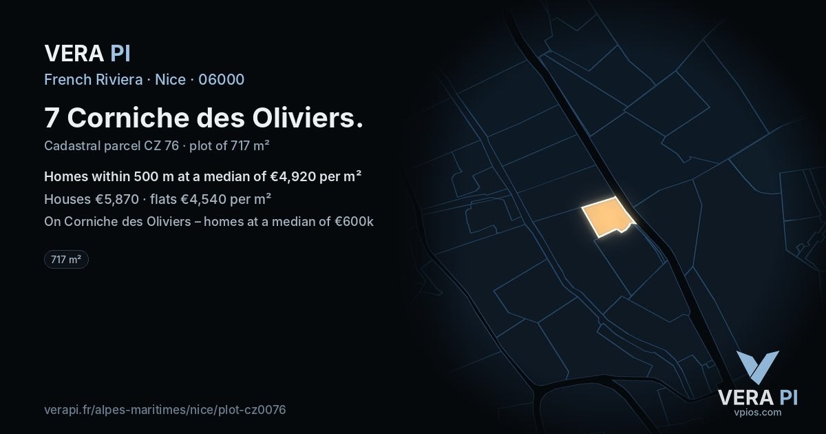 7 Corniche des Oliviers, Nice at night – the plot lit, the parcels around coloured by the prices near them