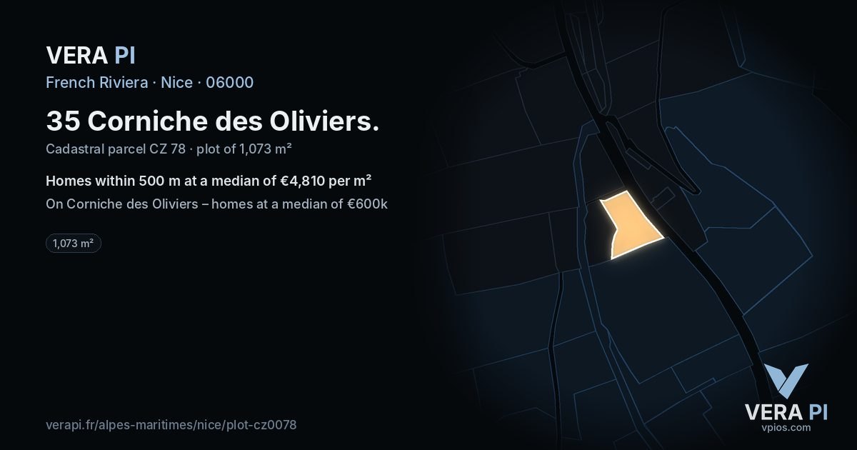 35 Corniche des Oliviers, Nice at night – the plot lit, the parcels around coloured by the prices near them