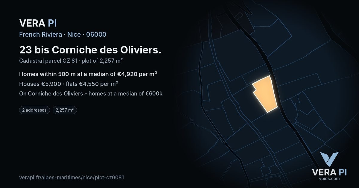 23 bis Corniche des Oliviers, Nice at night – the plot lit, the parcels around coloured by the prices near them