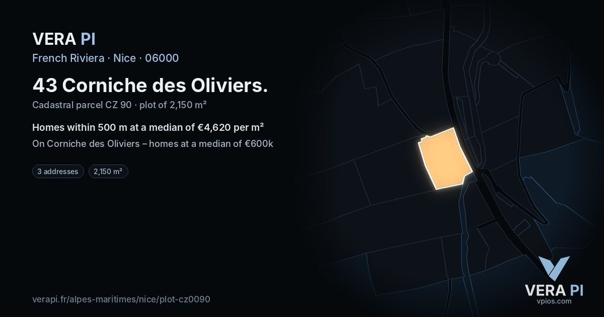 43 Corniche des Oliviers, Nice at night – the plot lit, the parcels around coloured by the prices near them