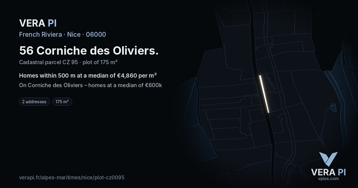 56 Corniche des Oliviers, Nice at night – the plot lit, the parcels around coloured by the prices near them