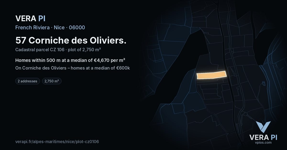 57 Corniche des Oliviers, Nice at night – the plot lit, the parcels around coloured by the prices near them