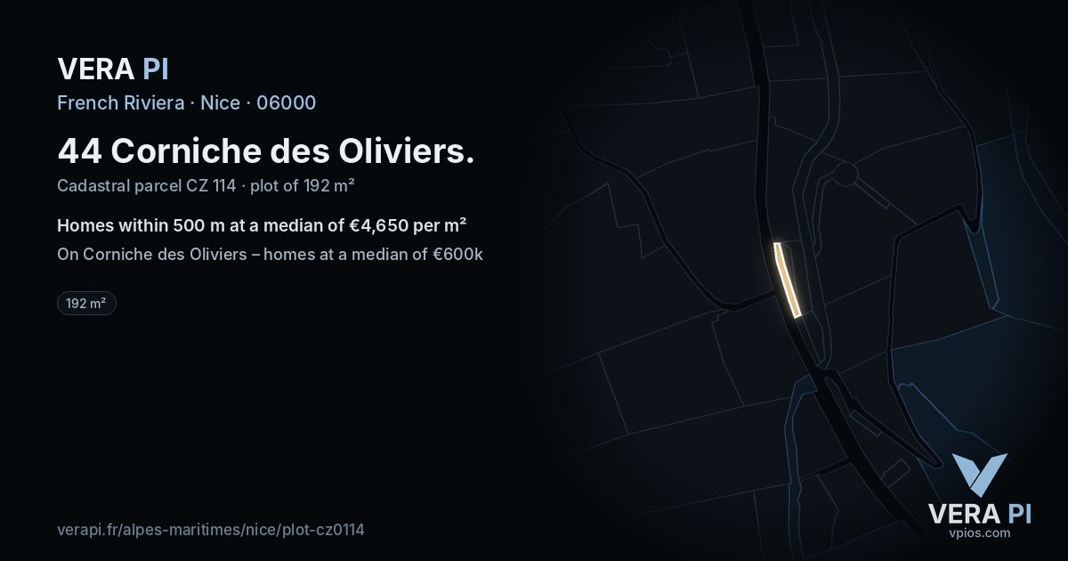 44 Corniche des Oliviers, Nice at night – the plot lit, the parcels around coloured by the prices near them