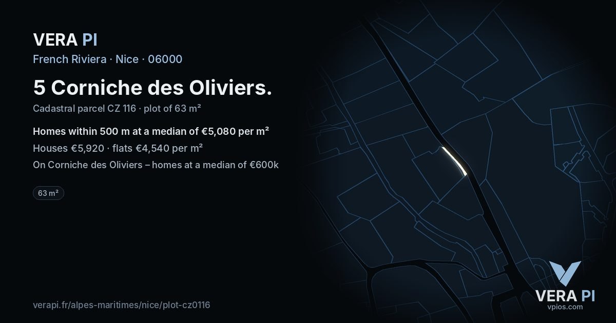 5 Corniche des Oliviers, Nice at night – the plot lit, the parcels around coloured by the prices near them