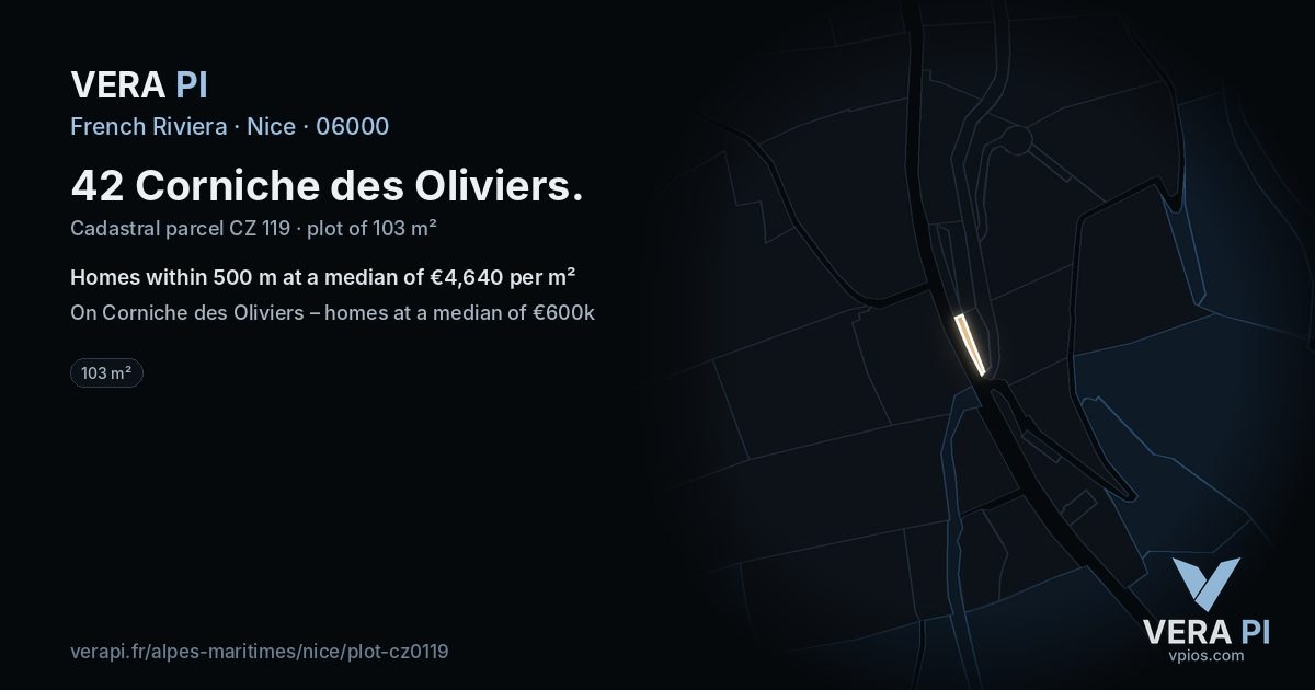 42 Corniche des Oliviers, Nice at night – the plot lit, the parcels around coloured by the prices near them