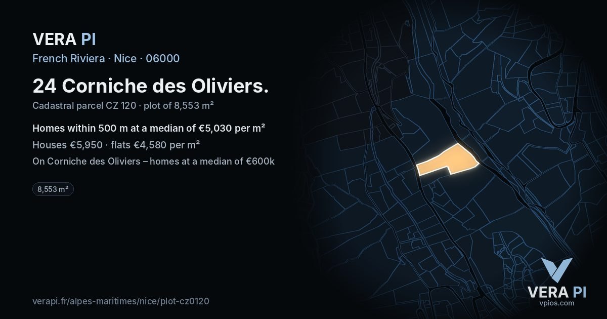 24 Corniche des Oliviers, Nice at night – the plot lit, the parcels around coloured by the prices near them