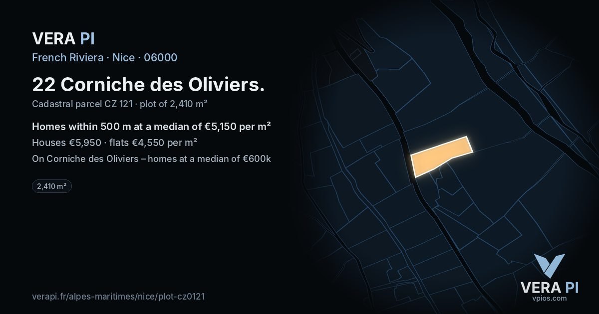 22 Corniche des Oliviers, Nice at night – the plot lit, the parcels around coloured by the prices near them