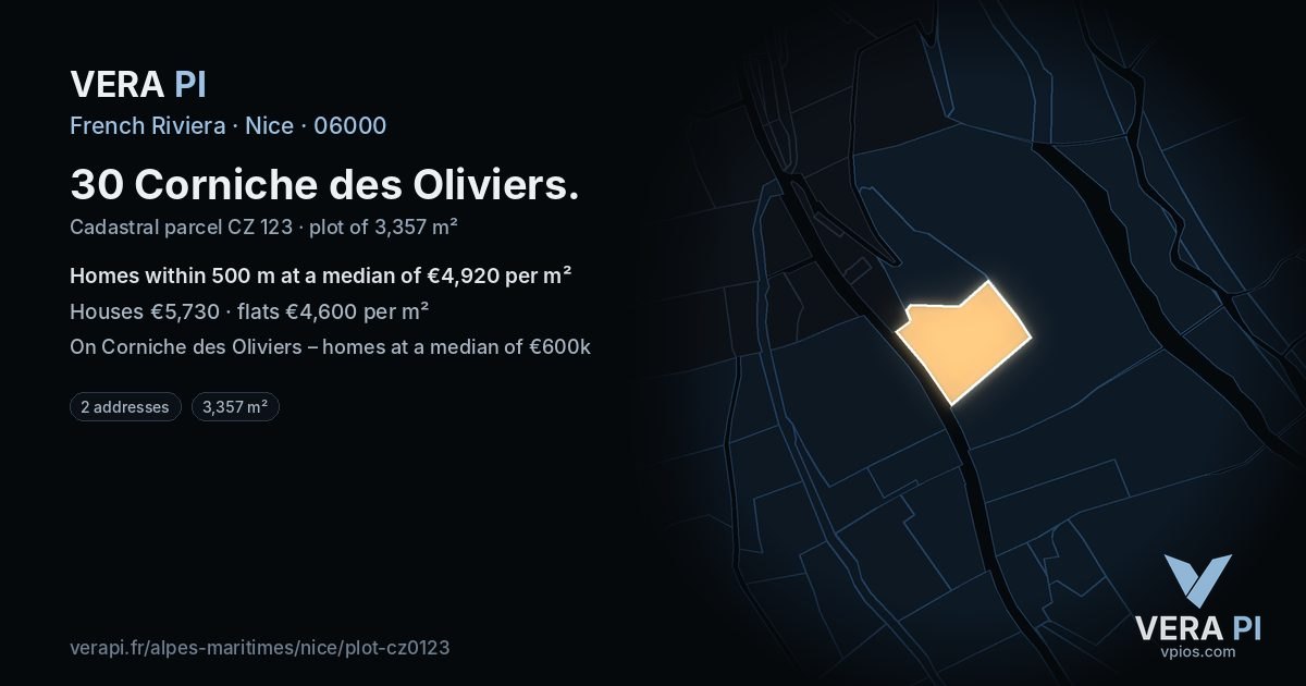 30 Corniche des Oliviers, Nice at night – the plot lit, the parcels around coloured by the prices near them