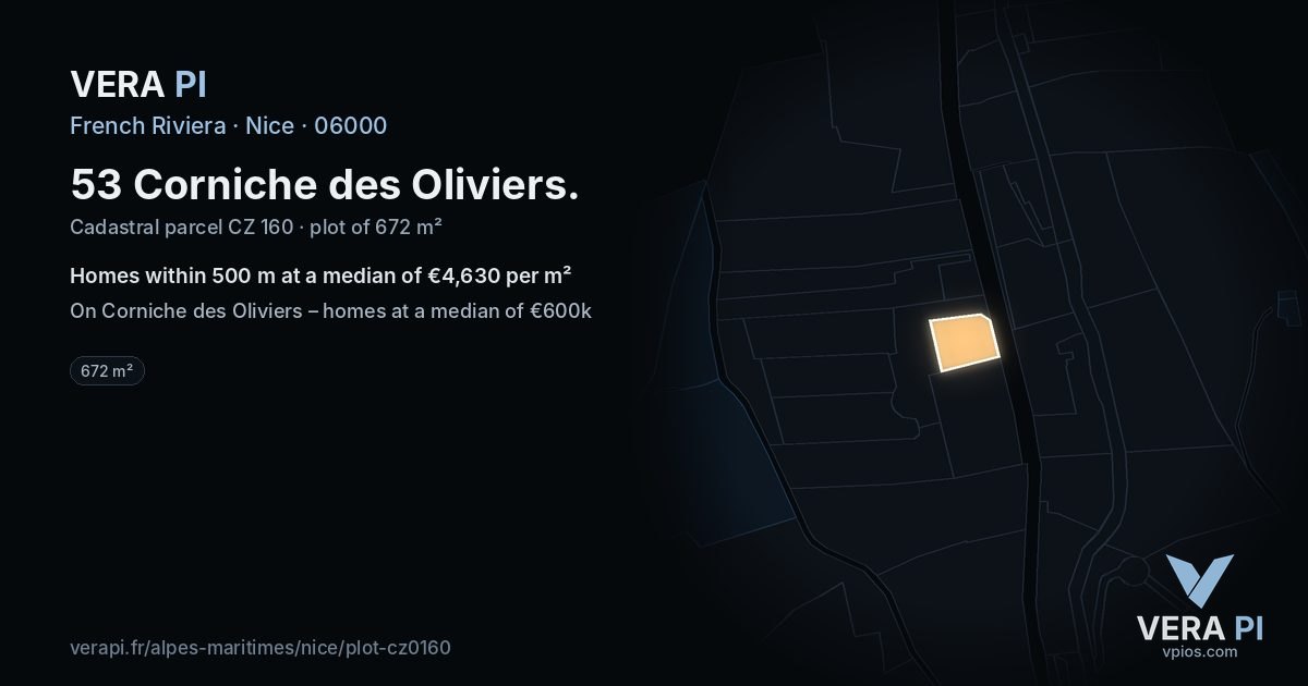 53 Corniche des Oliviers, Nice at night – the plot lit, the parcels around coloured by the prices near them