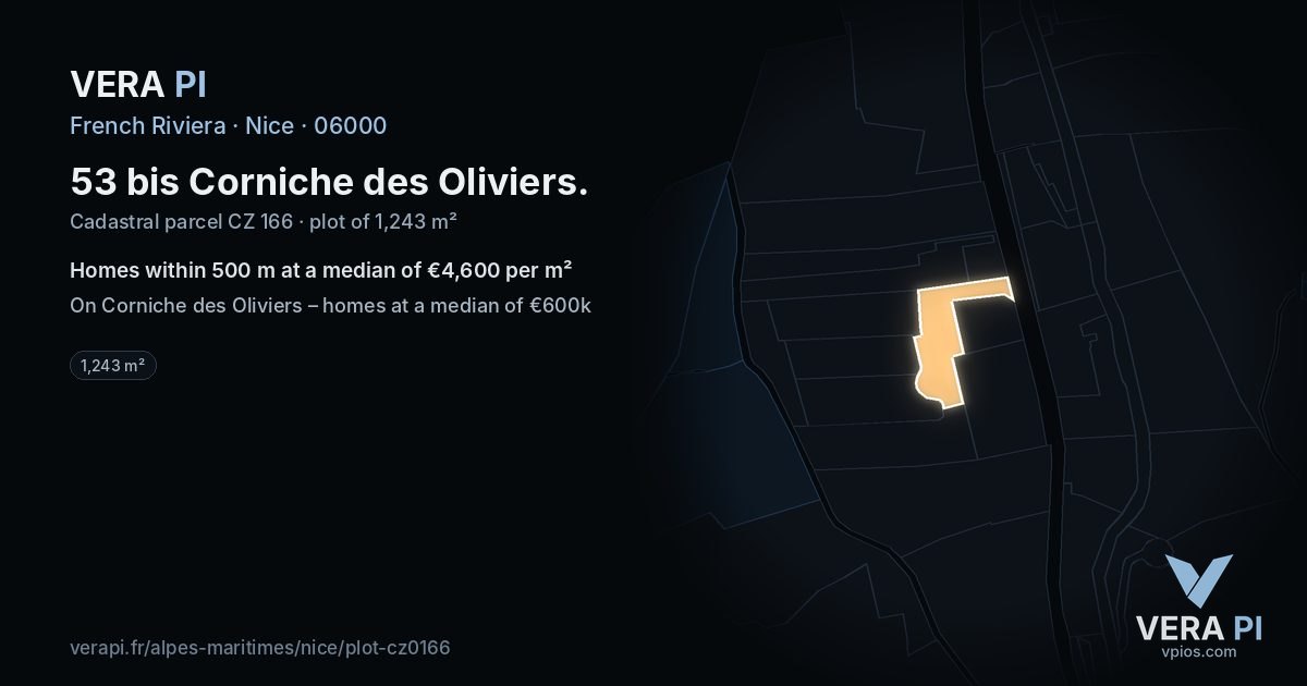 53 bis Corniche des Oliviers, Nice at night – the plot lit, the parcels around coloured by the prices near them