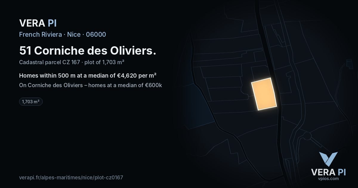 51 Corniche des Oliviers, Nice at night – the plot lit, the parcels around coloured by the prices near them