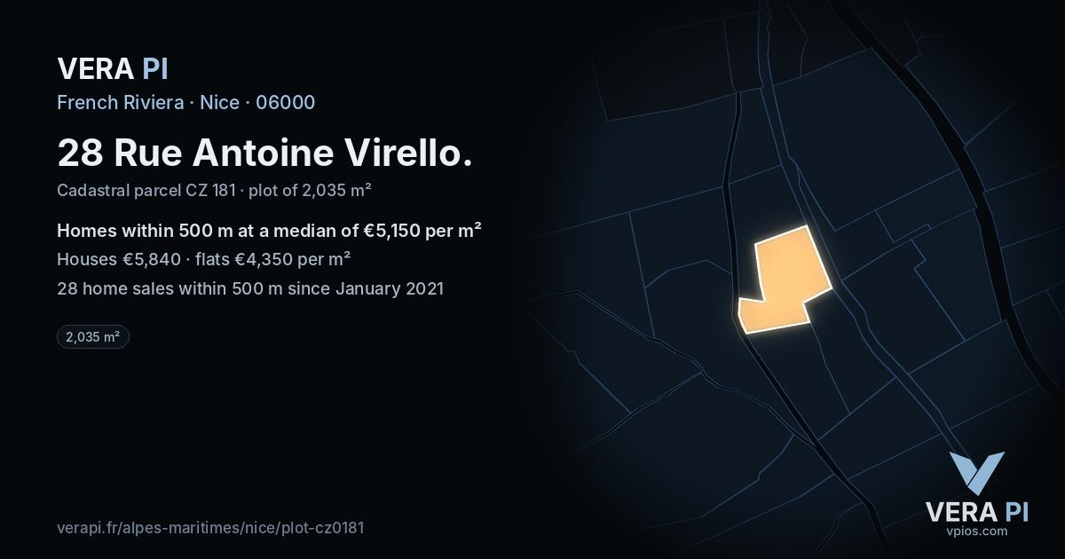 28 Rue Antoine Virello, Nice at night – the plot lit, the parcels around coloured by the prices near them