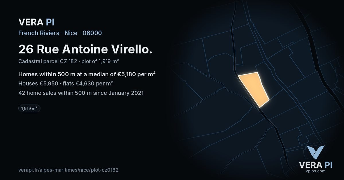26 Rue Antoine Virello, Nice at night – the plot lit, the parcels around coloured by the prices near them