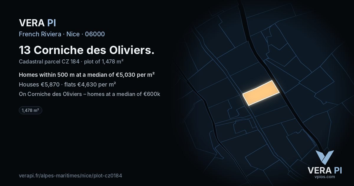 13 Corniche des Oliviers, Nice at night – the plot lit, the parcels around coloured by the prices near them