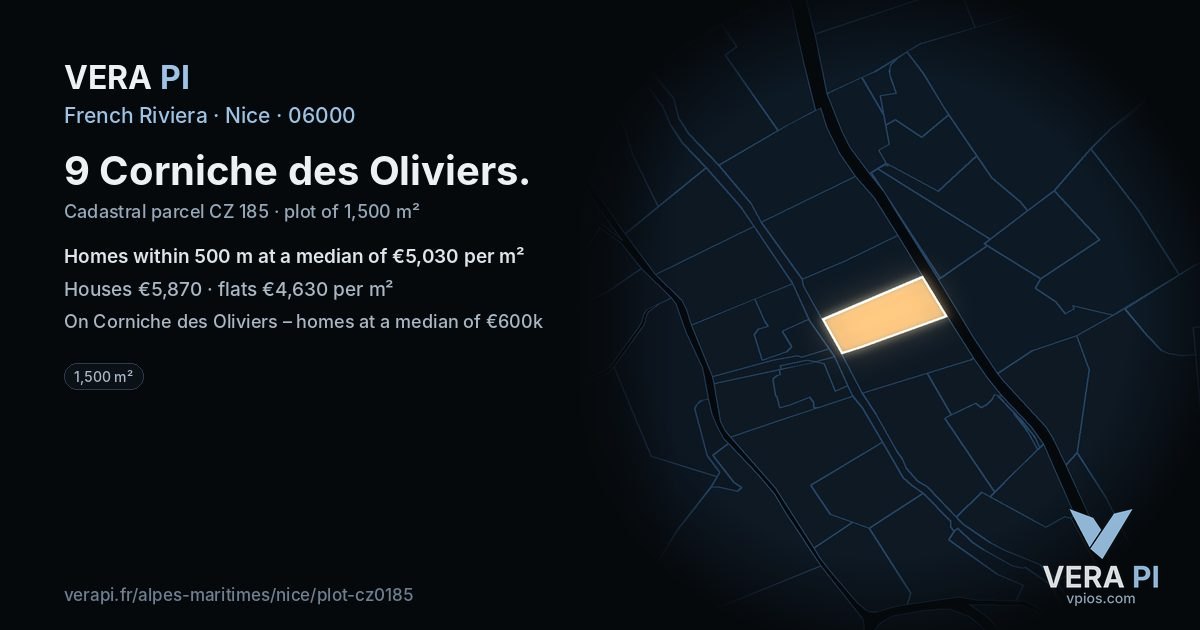 9 Corniche des Oliviers, Nice at night – the plot lit, the parcels around coloured by the prices near them